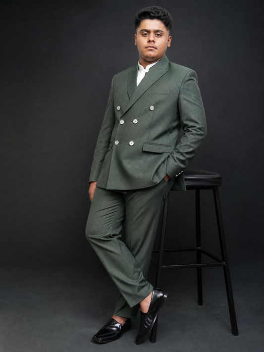 Olive Green Pinstripe Double Breasted Coat Pant Suit for Men | 2-Piece Formal Double Press Suit – DDP-992