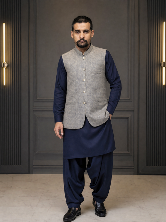 Grey Textured Nehru Collar Waistcoat for Men | Premium Formal Pakistani Vest – DW-17