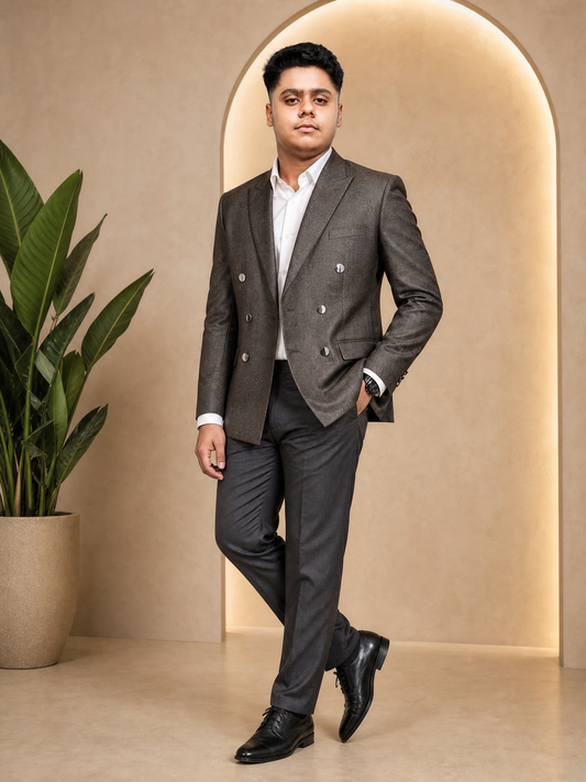 Donior Jeans Double Press Coat – Olive Brown Textured Premium Suiting Blazer | DDC-106