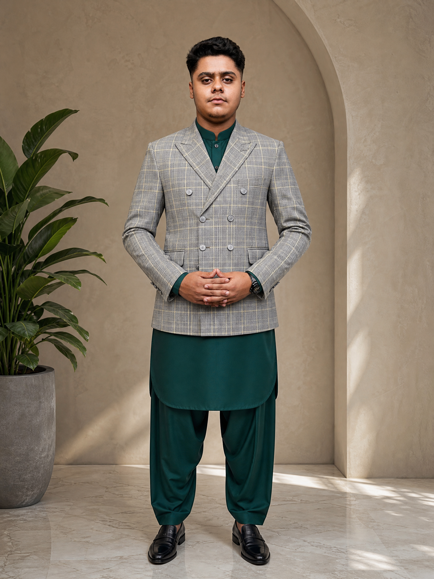 Donior Jeans Double Press Coat – Grey Checkered Premium Suiting Blazer | DDC-99