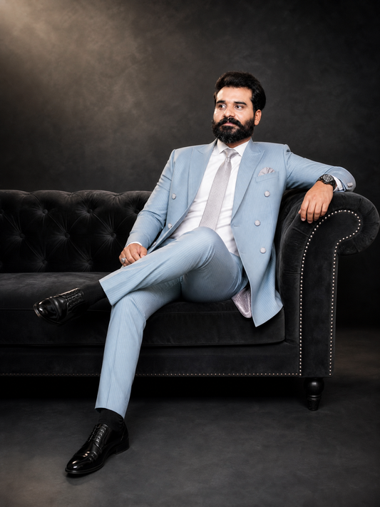 Powder Blue Pinstripe Double Breasted Coat Pant Suit for Men | 2-Piece Formal Double Press Suit – DDP-993