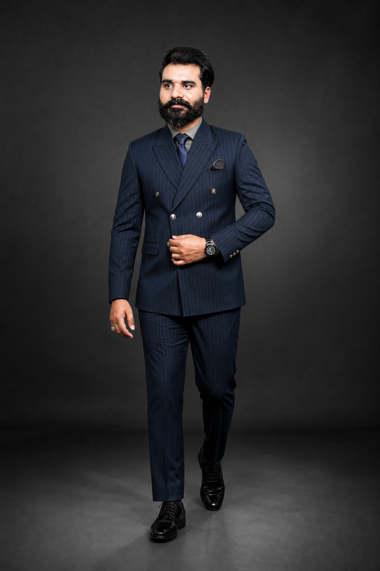 Navy Blue Pinstripe Double Breasted Coat Pant Suit for Men | 2-Piece Formal Double Press Suit – DDP-1000