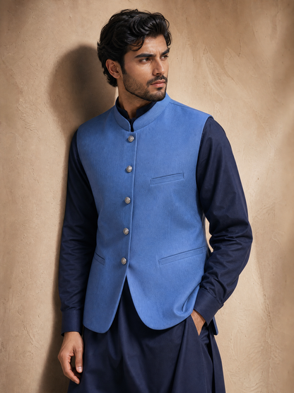 Donior Jeans Premium Blue Suiting Waistcoat DW-11 for Men - Wrinkle-Free & Tailored Fit