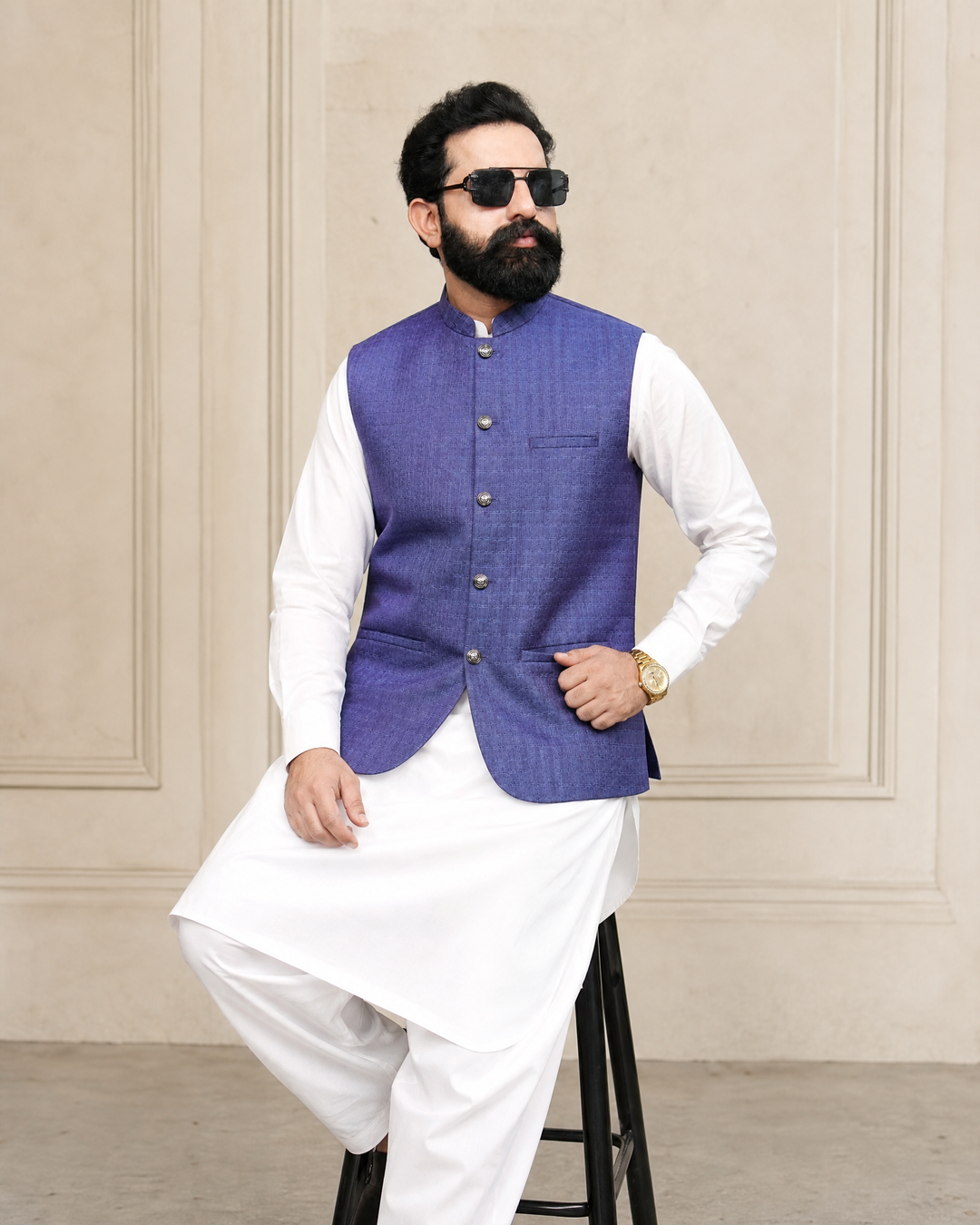 Purple Checkered Waistcoat | Premium Ethnic Formal Wear | Mandarin Collar | DW-23