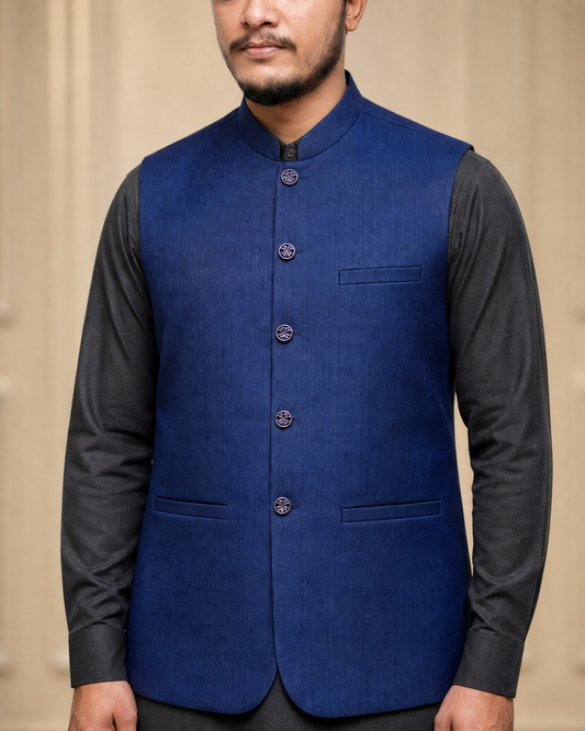 Navy Blue Textured Waistcoat | Premium Ethnic Formal Wear | Mandarin Collar | DW-22