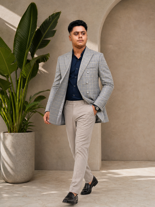 Donior Jeans Double Press Coat – Grey Checkered Premium Suiting Blazer |  DDC-99