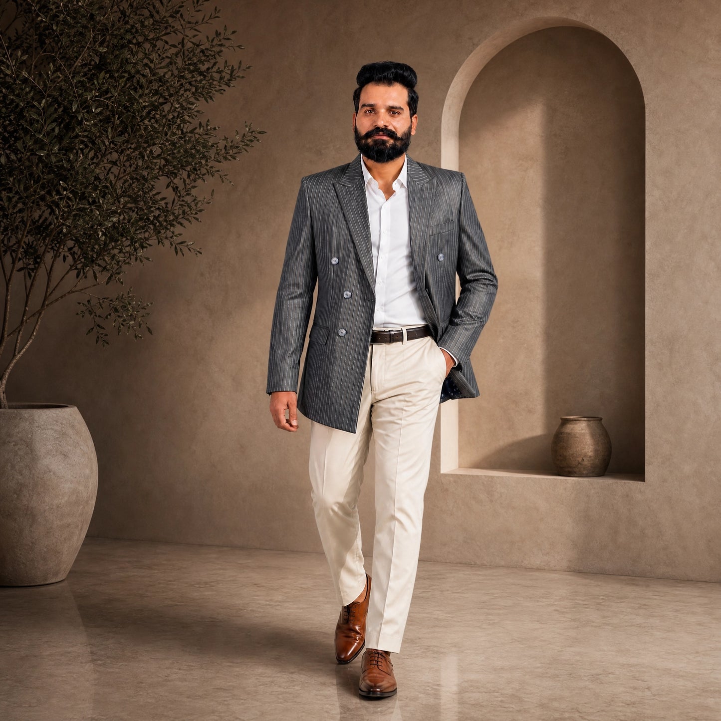 Donior Jeans Double Press Coat – Light Grey Pinstripe Premium Suiting Blazer | Article DDC-104