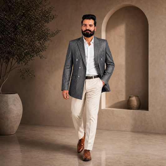 Donior Jeans Double Press Coat – Light Grey Pinstripe Premium Suiting Blazer | Article DDC-104