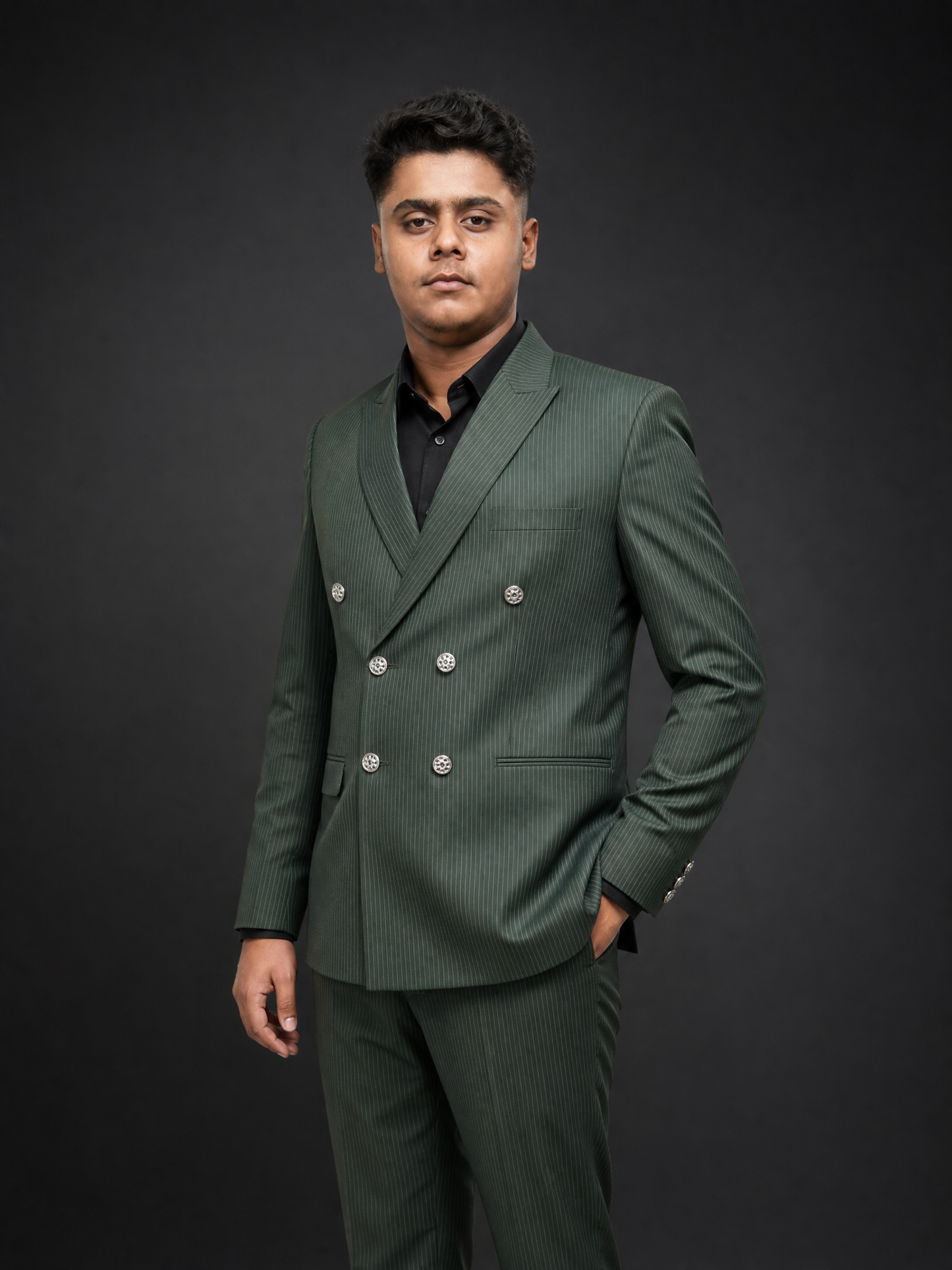 Olive Green Pinstripe Double Breasted Coat Pant Suit for Men | 2-Piece Formal Double Press Suit – DDP-992