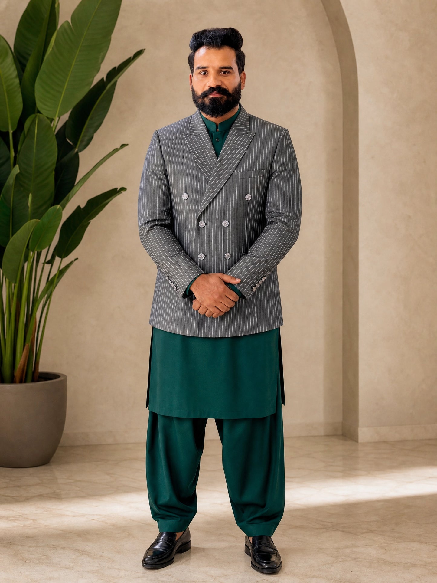 Donior Jeans Double Press Coat – Light Grey Pinstripe Premium Suiting Blazer | Article DDC-104