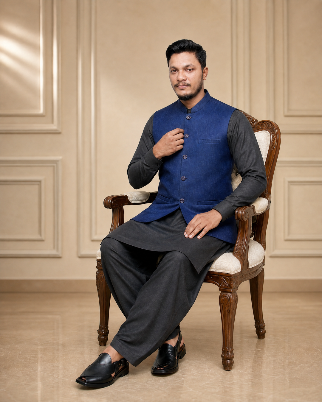 Navy Blue Textured Waistcoat | Premium Ethnic Formal Wear | Mandarin Collar | DW-22