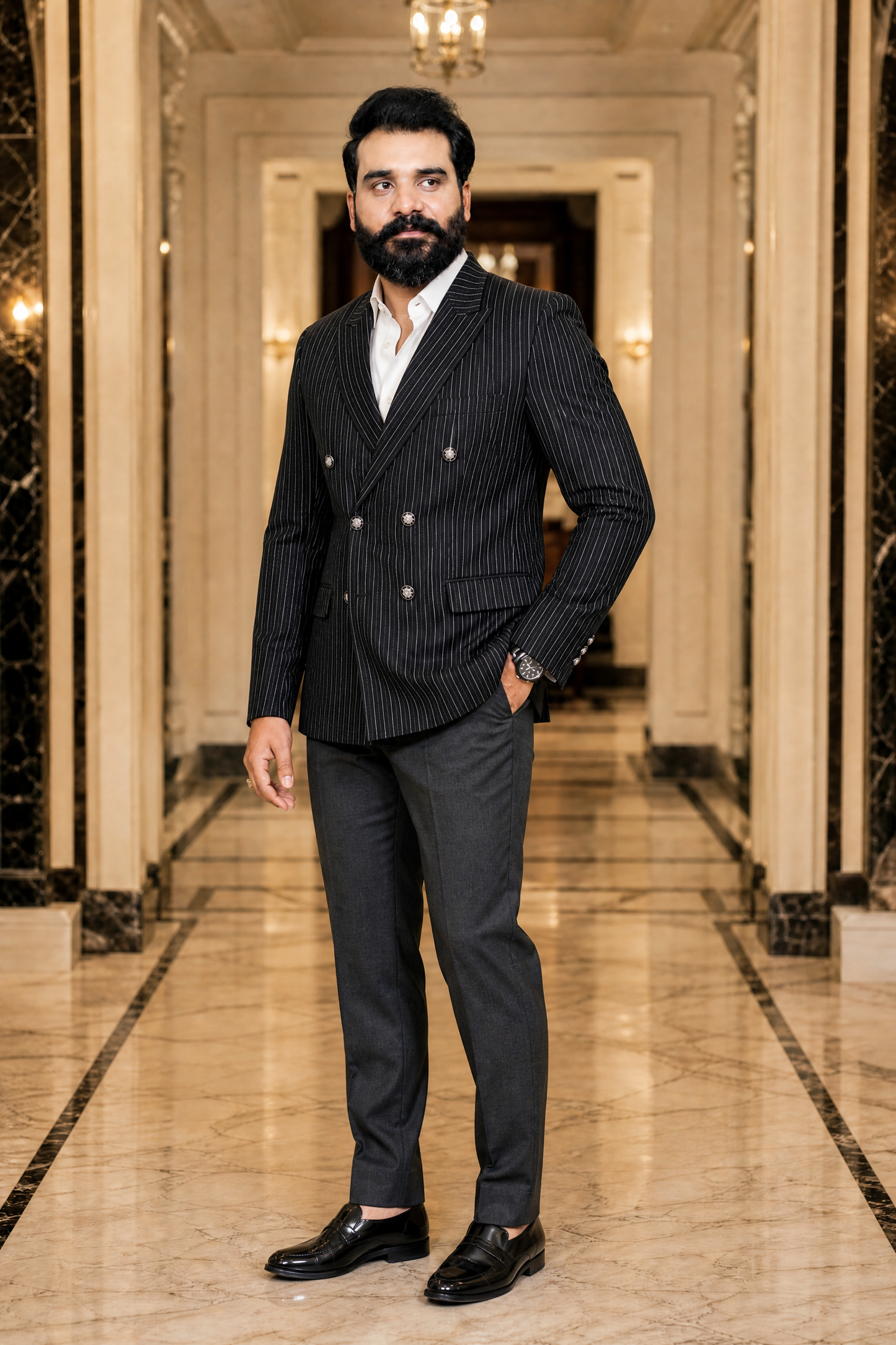 Donior Jeans Double Press Coat – Black Pinstripe Premium Suiting Blazer | DDC-100