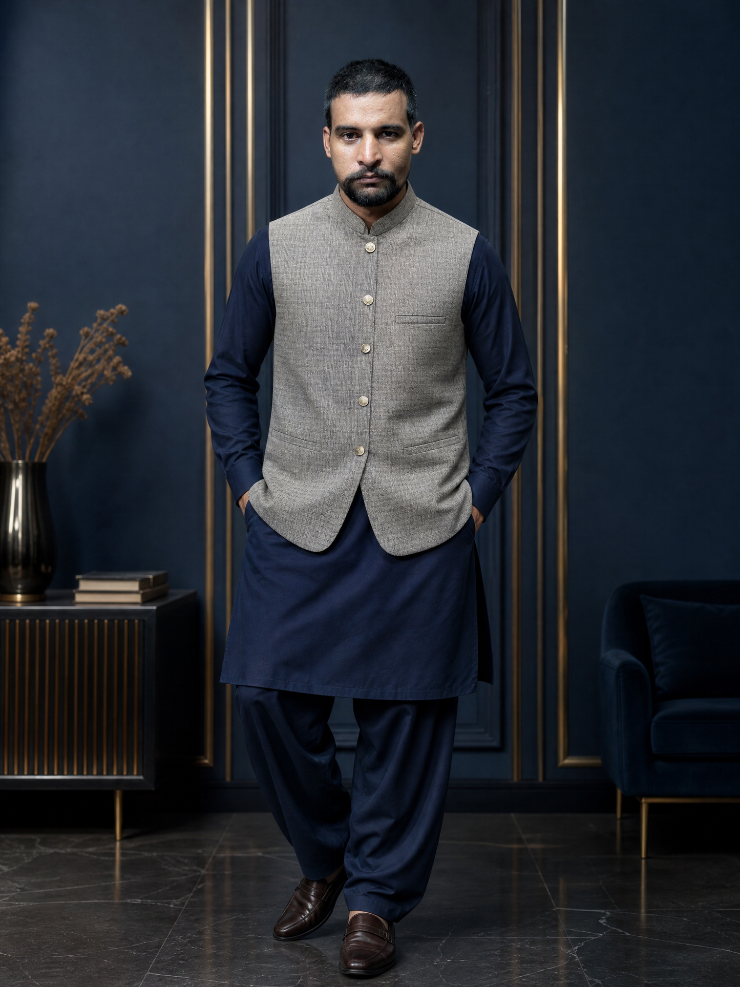 Grey Textured Nehru Collar Waistcoat for Men | Premium Formal Pakistani Vest – DW-17