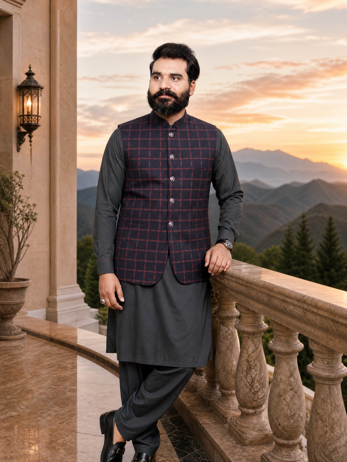 Men's Mehroon Check Nehru Waistcoat | Donior DW-14