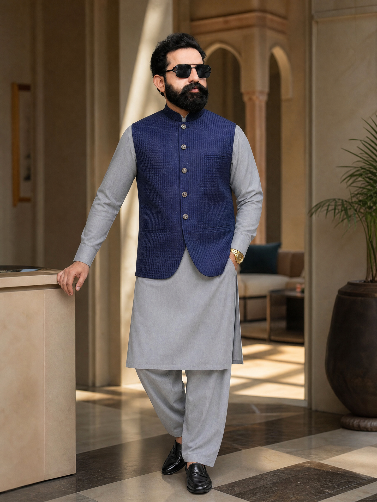 Navy Blue Textured Front Back Fused Collar Waistcoat for Men | Premium waistcoat – DW-15