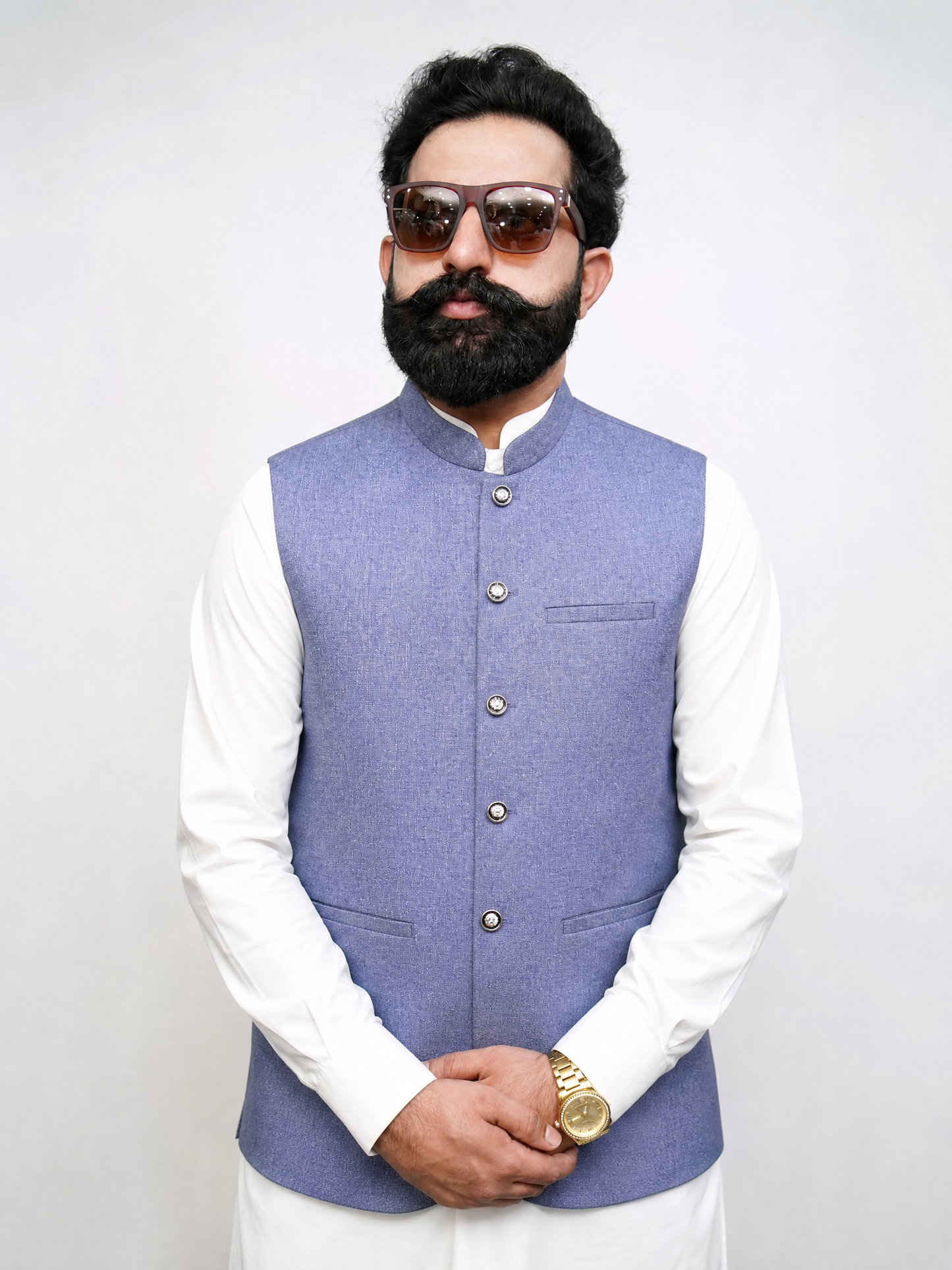 Steel Blue Textured Nehru Collar Waistcoat for Men | Premium Formal Pakistani Vest – DW-18