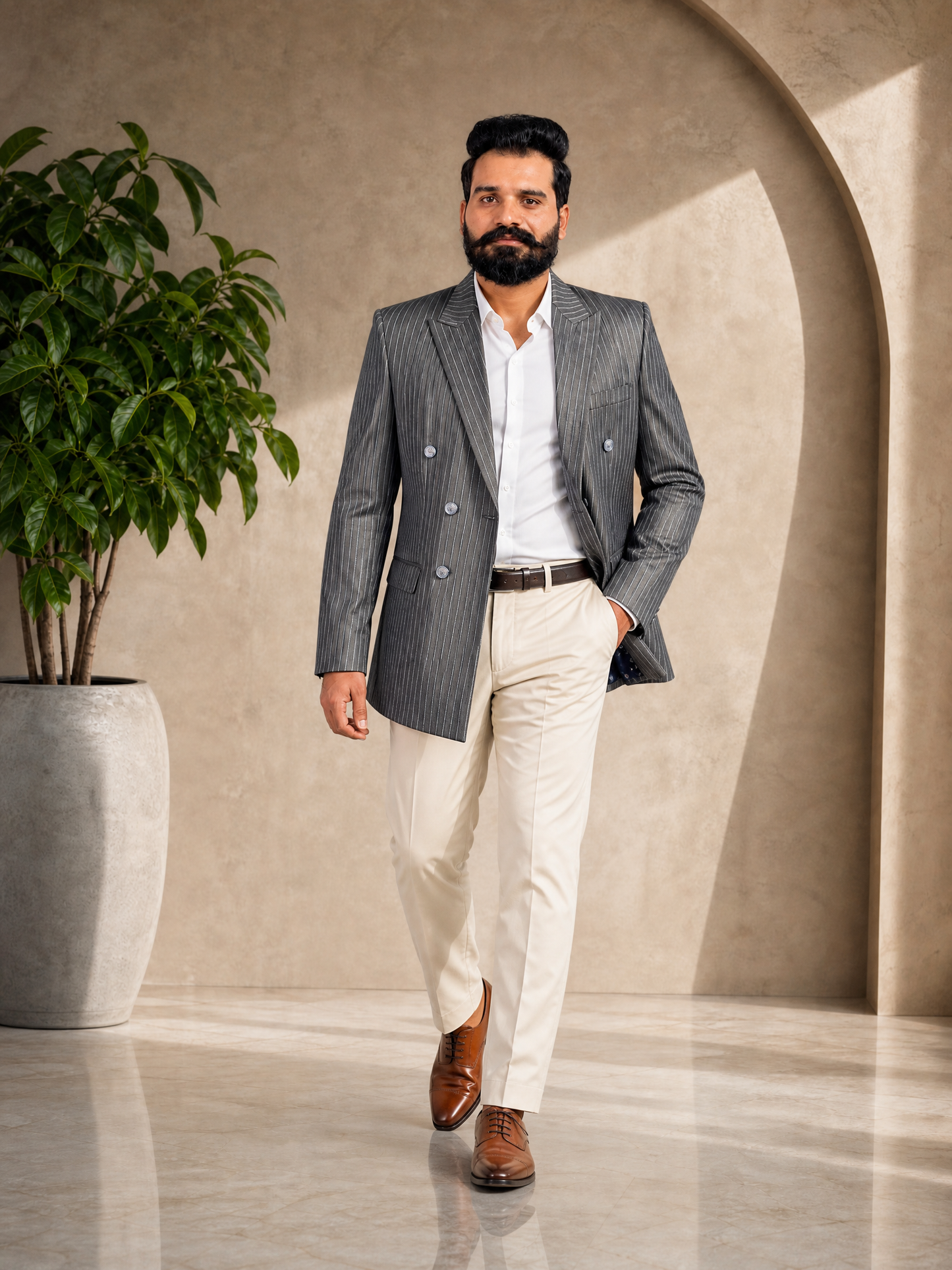 Donior Jeans Double Press Coat – Light Grey Pinstripe Premium Suiting Blazer | Article DDC-104
