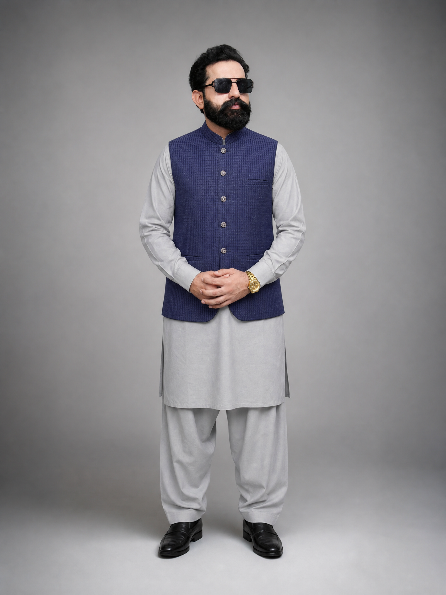 Navy Blue Textured Front Back Fused Collar Waistcoat for Men | Premium waistcoat – DW-15