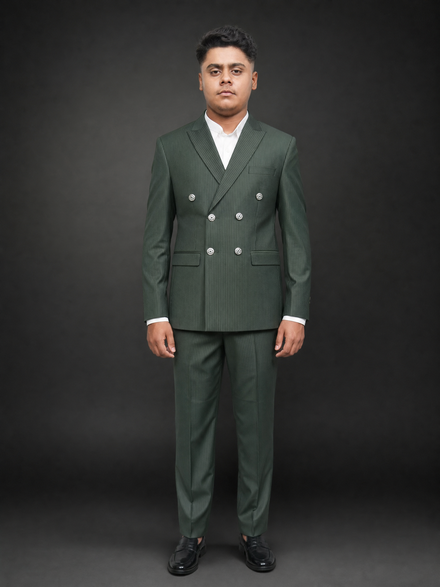 Olive Green Pinstripe Double Breasted Coat Pant Suit for Men | 2-Piece Formal Double Press Suit – DDP-992