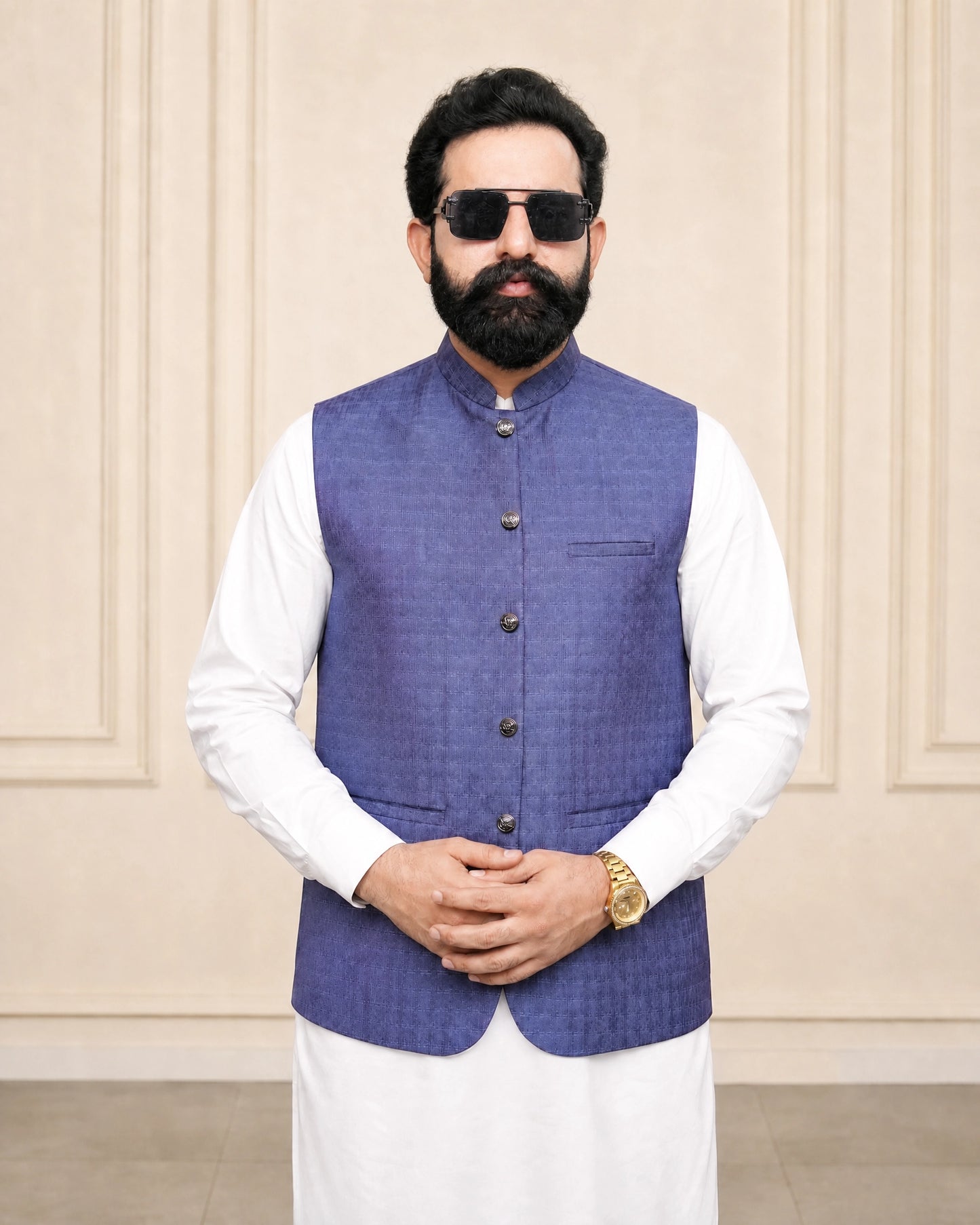 Purple Checkered Waistcoat | Premium Ethnic Formal Wear | Mandarin Collar | DW-23