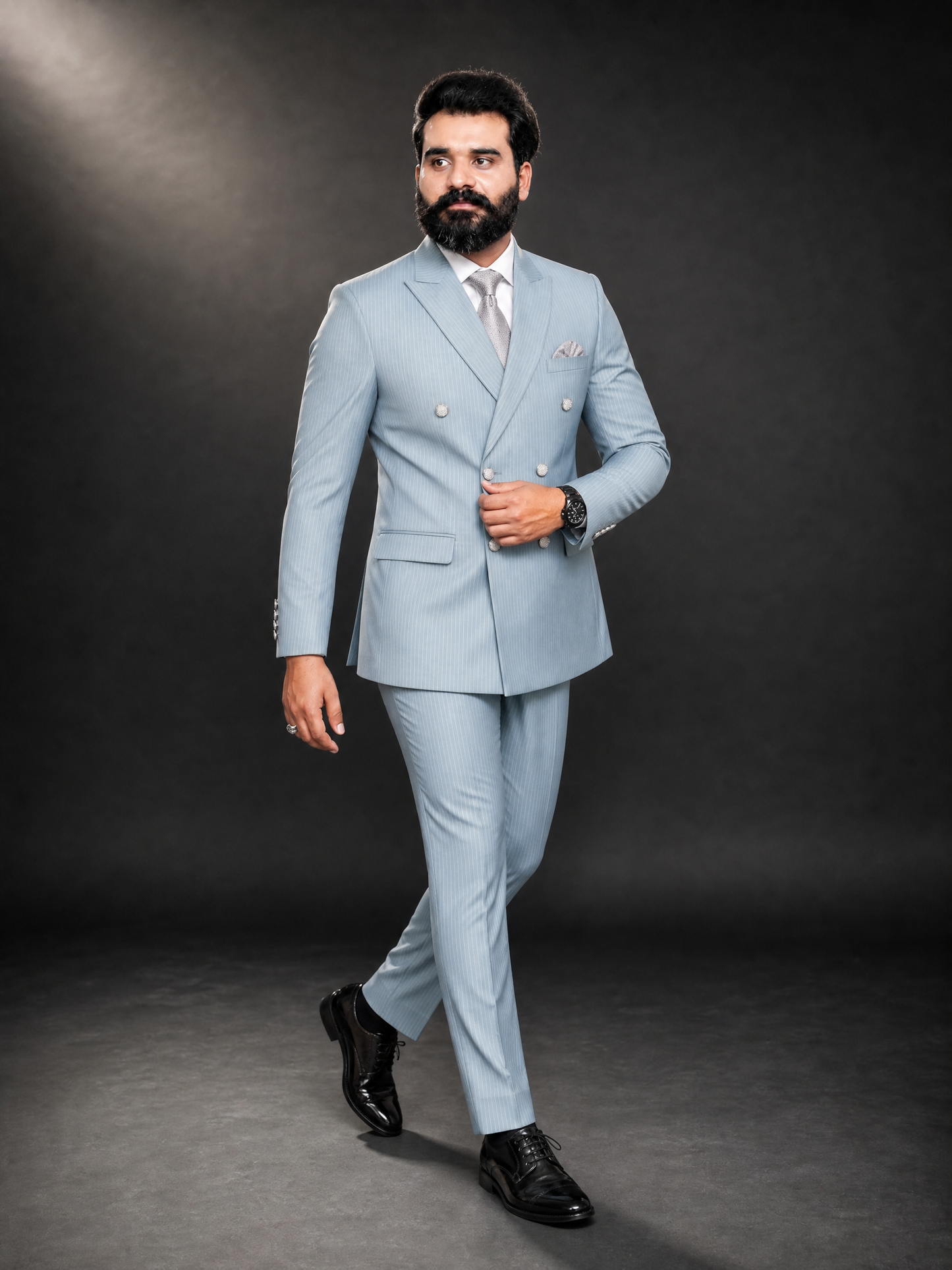 Powder Blue Pinstripe Double Breasted Coat Pant Suit for Men | 2-Piece Formal Double Press Suit – DDP-993