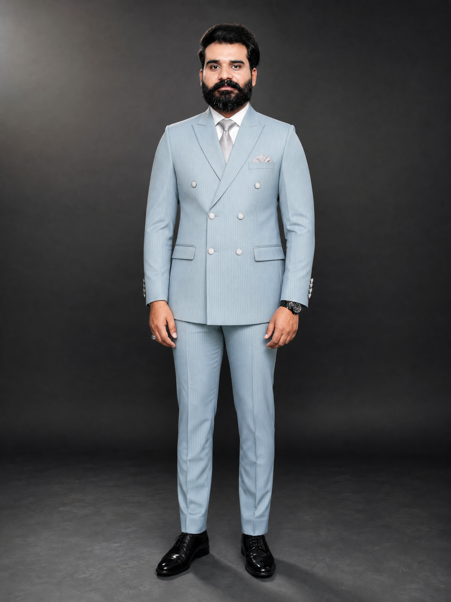 Powder Blue Pinstripe Double Breasted Coat Pant Suit for Men | 2-Piece Formal Double Press Suit – DDP-993