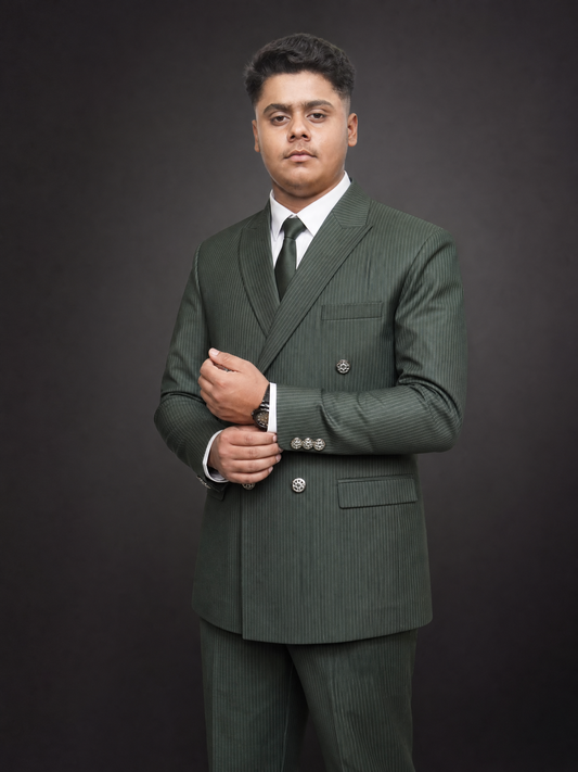 Olive Green Pinstripe Double Breasted Coat Pant Suit for Men | 2-Piece Formal Double Press Suit – DDP-992