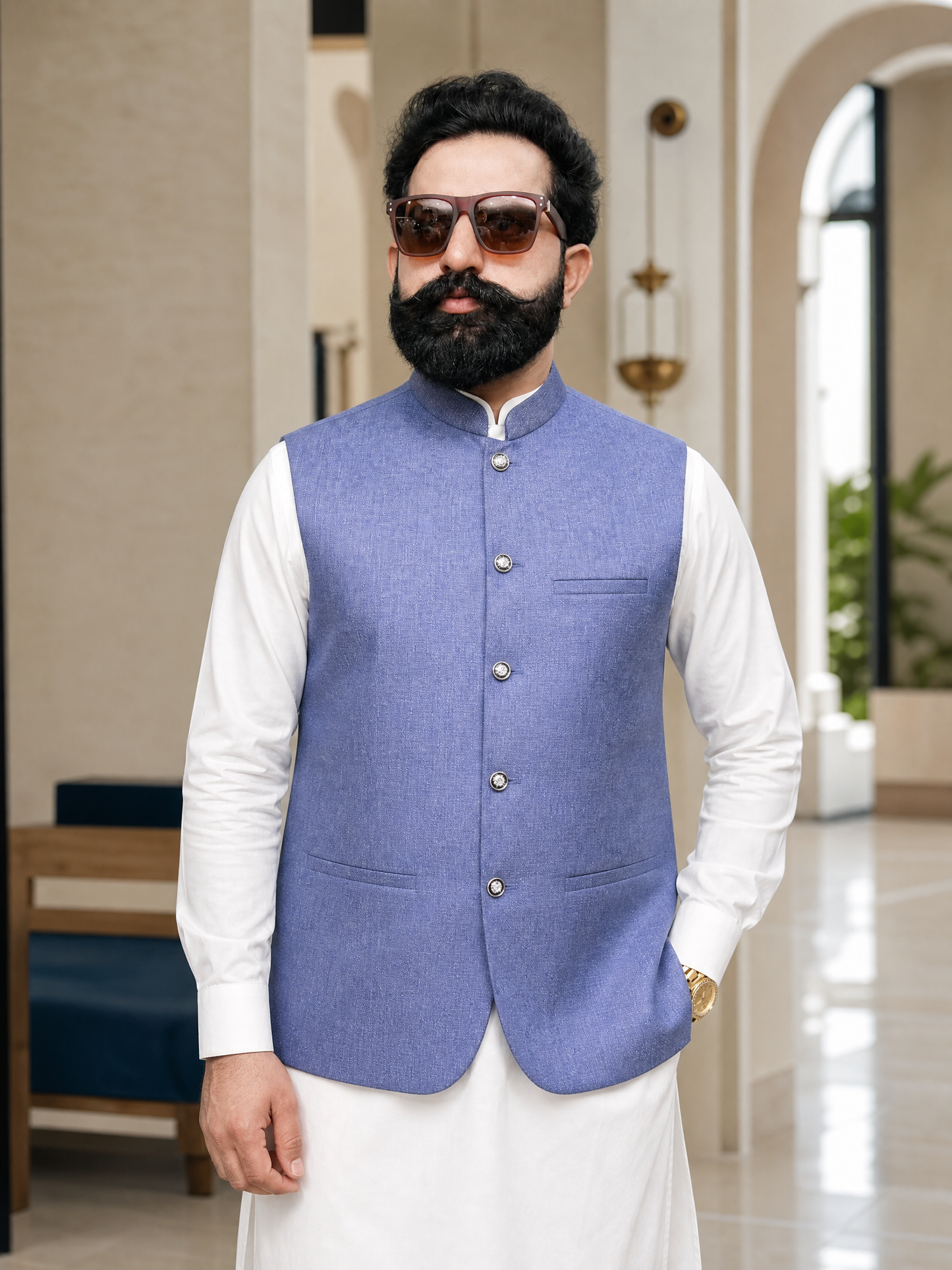 Steel Blue Textured Nehru Collar Waistcoat for Men | Premium Formal Pakistani Vest – DW-18
