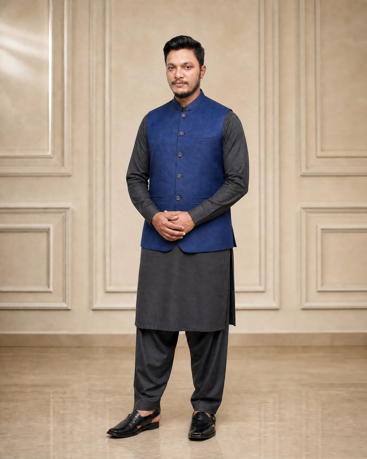 Navy Blue Textured Waistcoat | Premium Ethnic Formal Wear | Mandarin Collar | DW-22