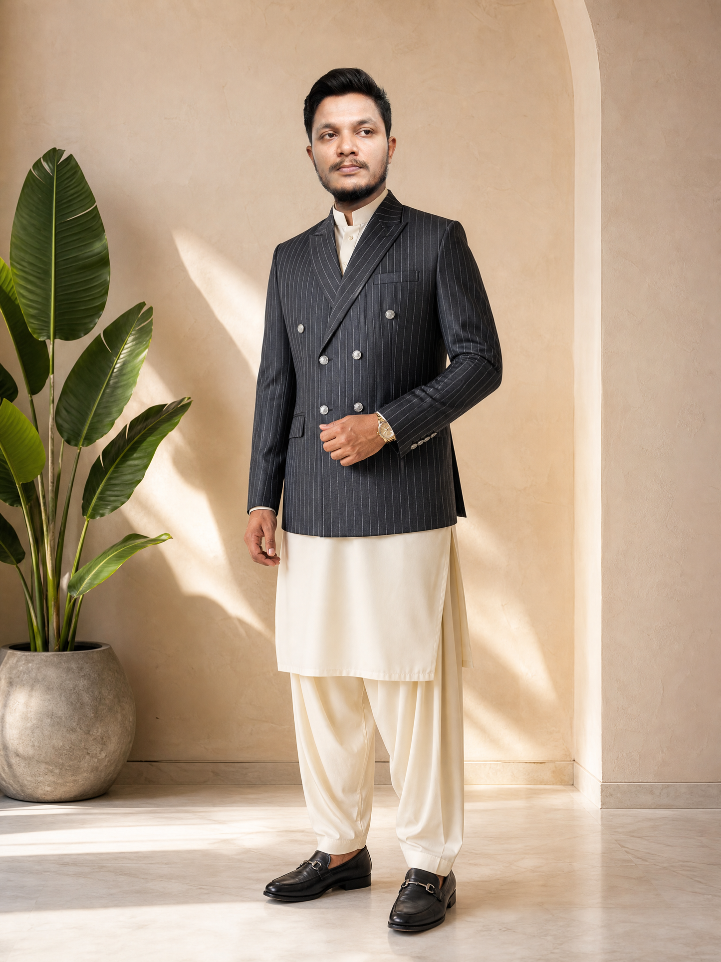 Donior Jeans Double Press Coat – Grey Pinstripe Premium Suiting Blazer |DDC-102