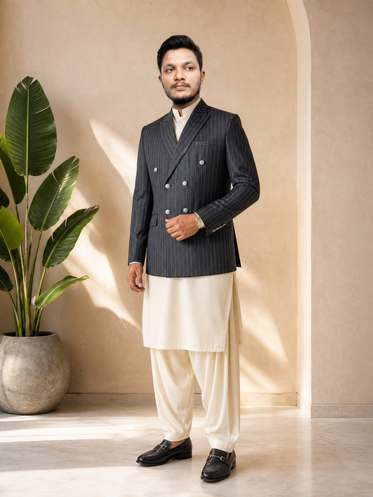 Donior Jeans Double Press Coat – Grey Pinstripe Premium Suiting Blazer |DDC-102