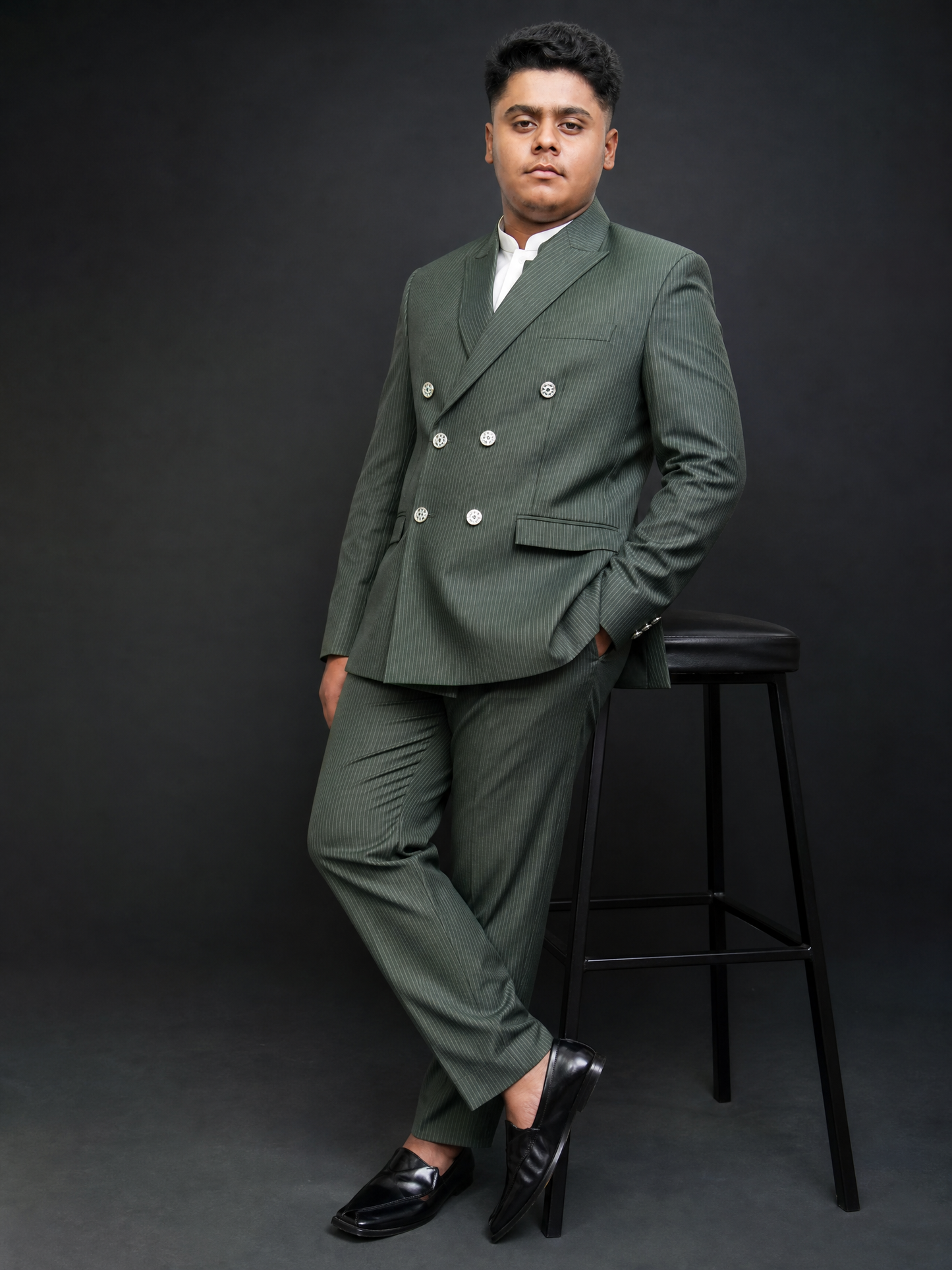 Olive Green Pinstripe Double Breasted Coat Pant Suit for Men | 2-Piece Formal Double Press Suit – DDP-992