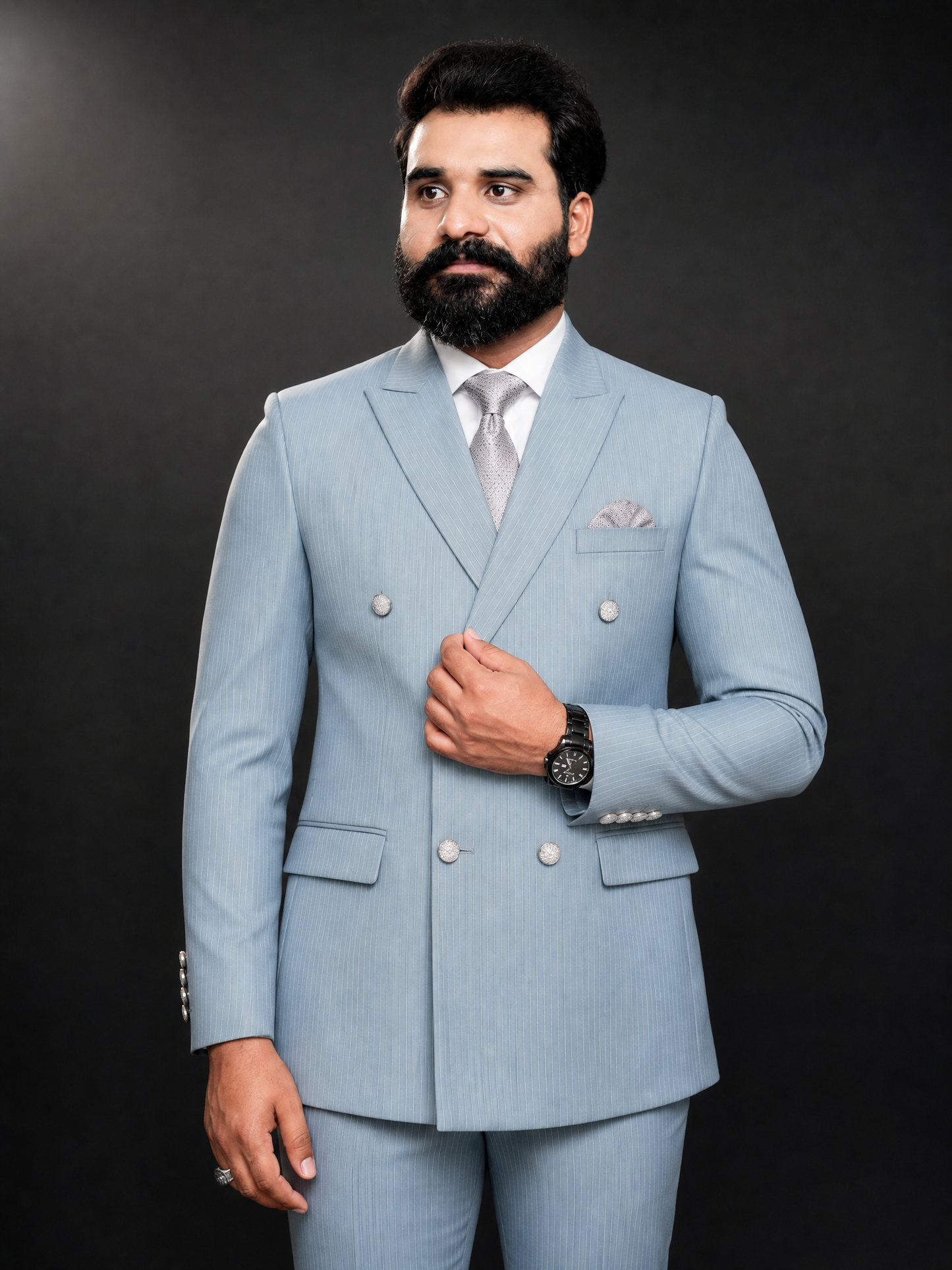 Powder Blue Pinstripe Double Breasted Coat Pant Suit for Men | 2-Piece Formal Double Press Suit – DDP-993