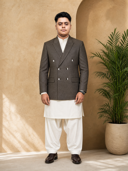 Donior Jeans Double Press Coat – Olive Brown Textured Premium Suiting Blazer | DDC-106