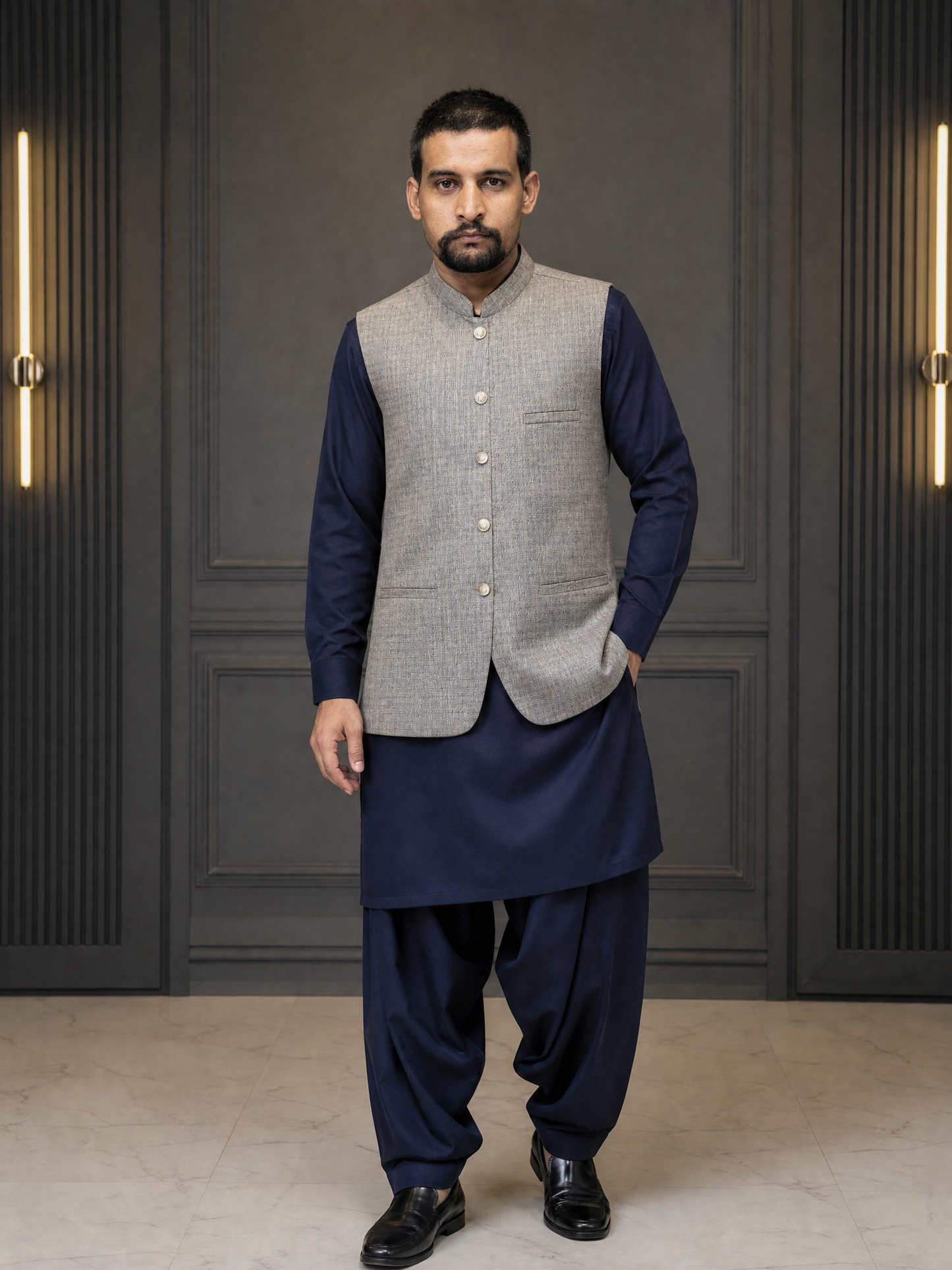 Grey Textured Nehru Collar Waistcoat for Men | Premium Formal Pakistani Vest – DW-17