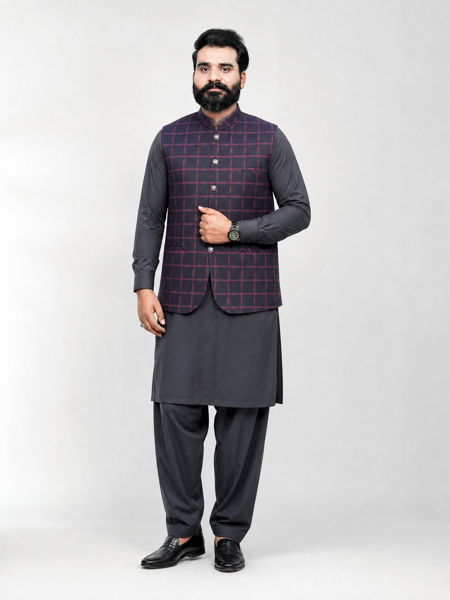 Men's Mehroon Check Nehru Waistcoat | Donior DW-14