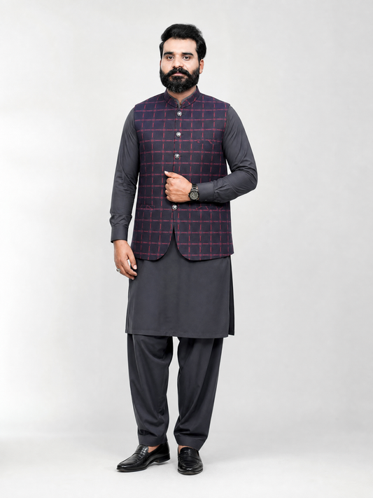 Men's Mehroon Check Nehru Waistcoat | Donior DW-14