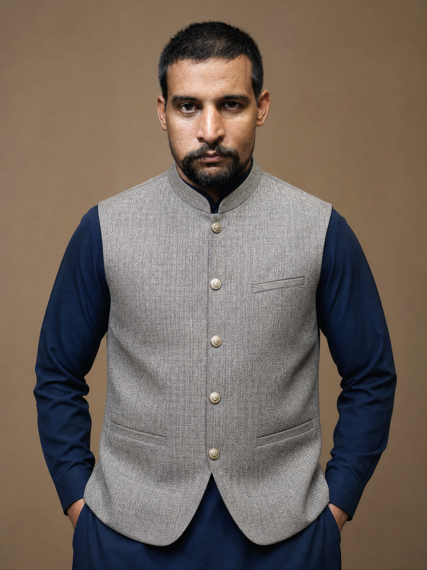 Grey Textured Nehru Collar Waistcoat for Men | Premium Formal Pakistani Vest – DW-17