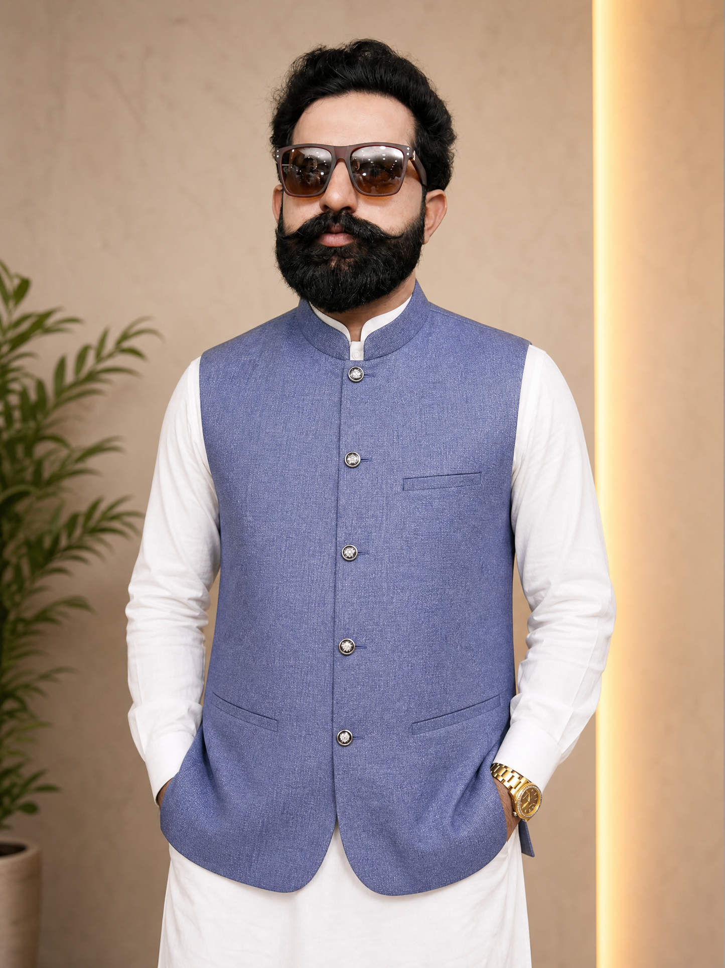 Steel Blue Textured Nehru Collar Waistcoat for Men | Premium Formal Pakistani Vest – DW-18