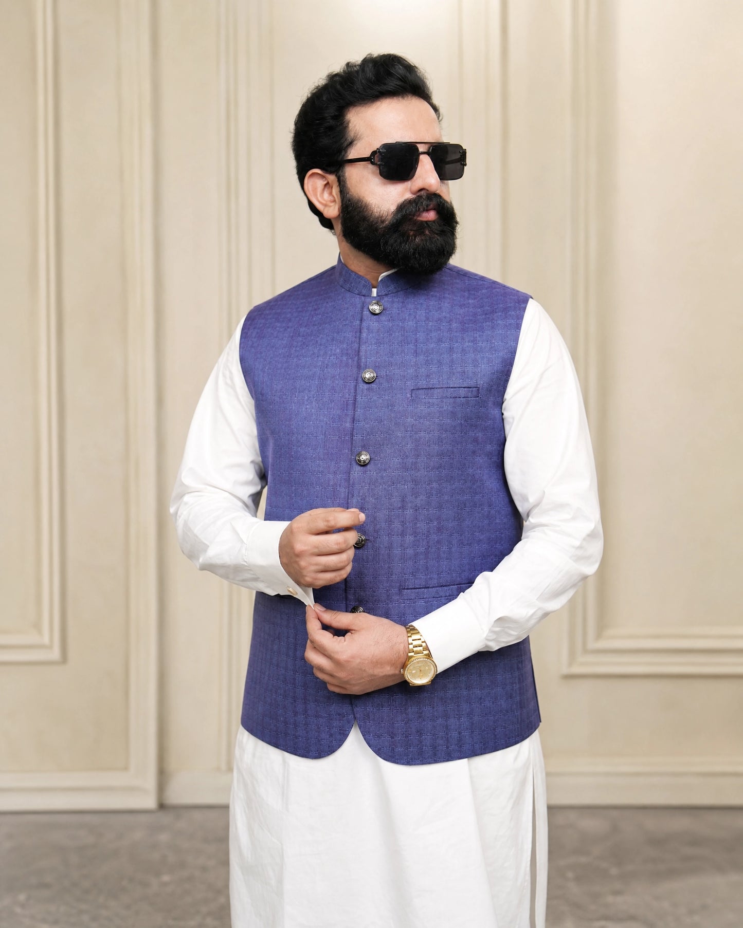 Purple Checkered Waistcoat | Premium Ethnic Formal Wear | Mandarin Collar | DW-23