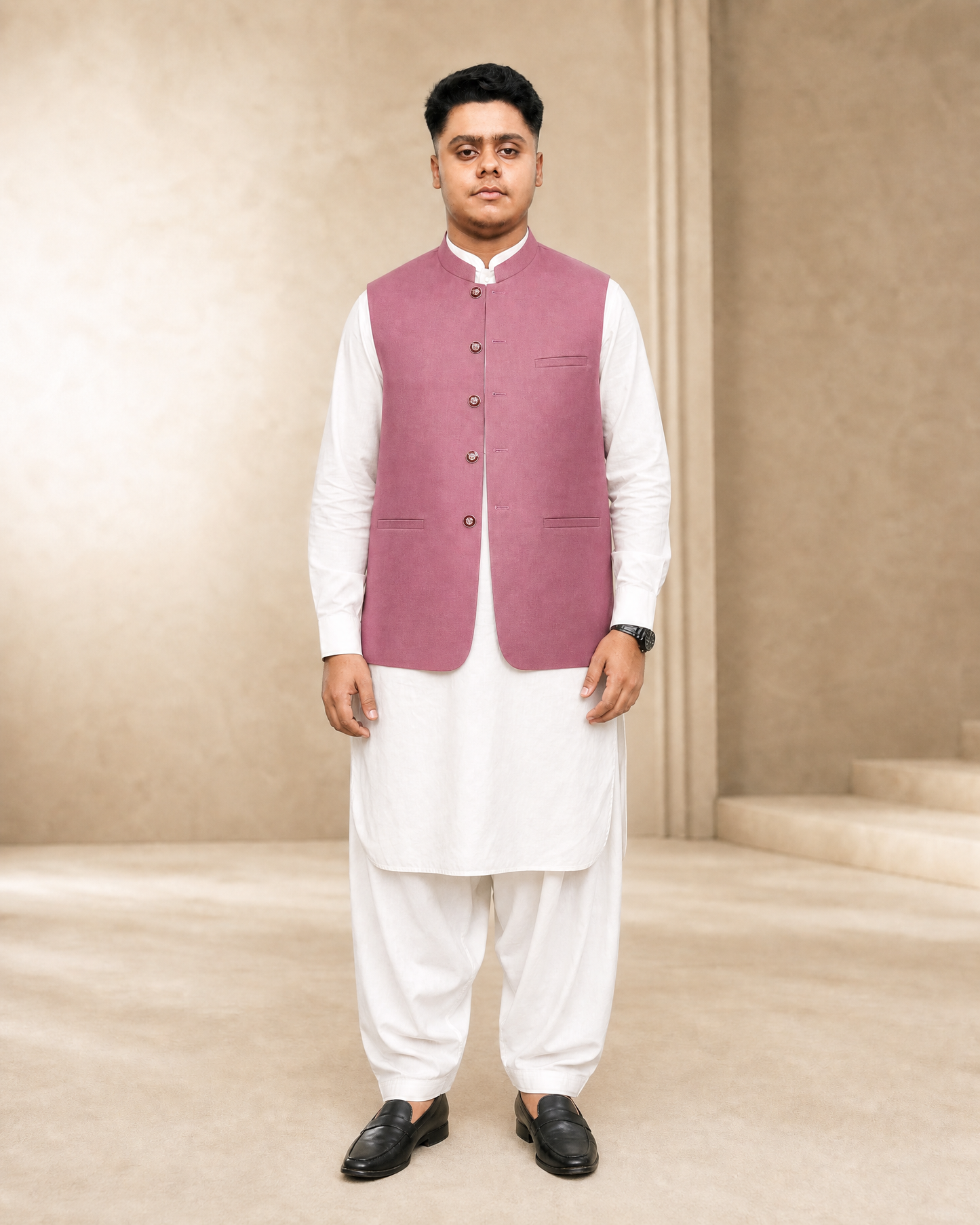 Dusty Rose mehroon Waistcoat | Premium Ethnic Formal Wear | Mandarin Collar | DW-24