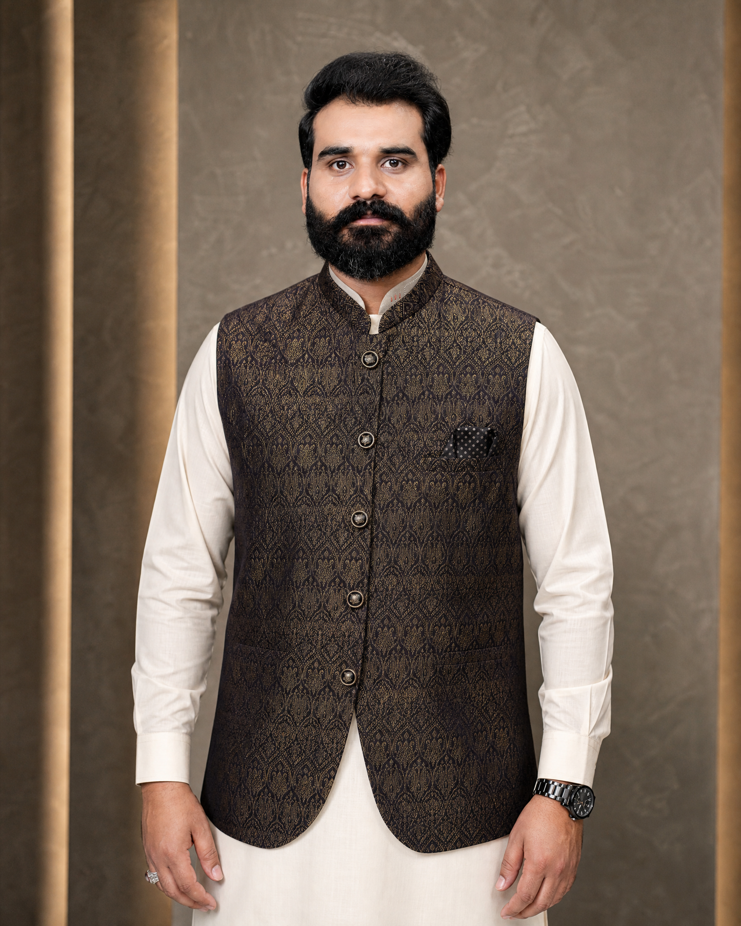 Navy Gold Brocade Waistcoat | Luxury Ethnic Vest | Ornate Pattern | DW-21
