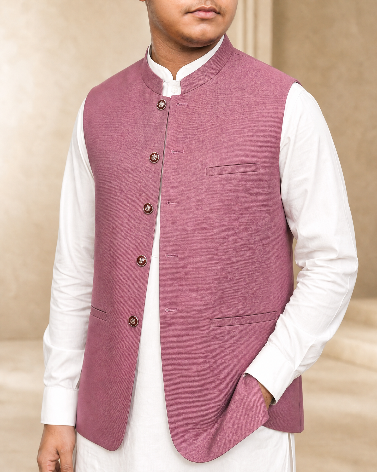 Dusty Rose mehroon Waistcoat | Premium Ethnic Formal Wear | Mandarin Collar | DW-24