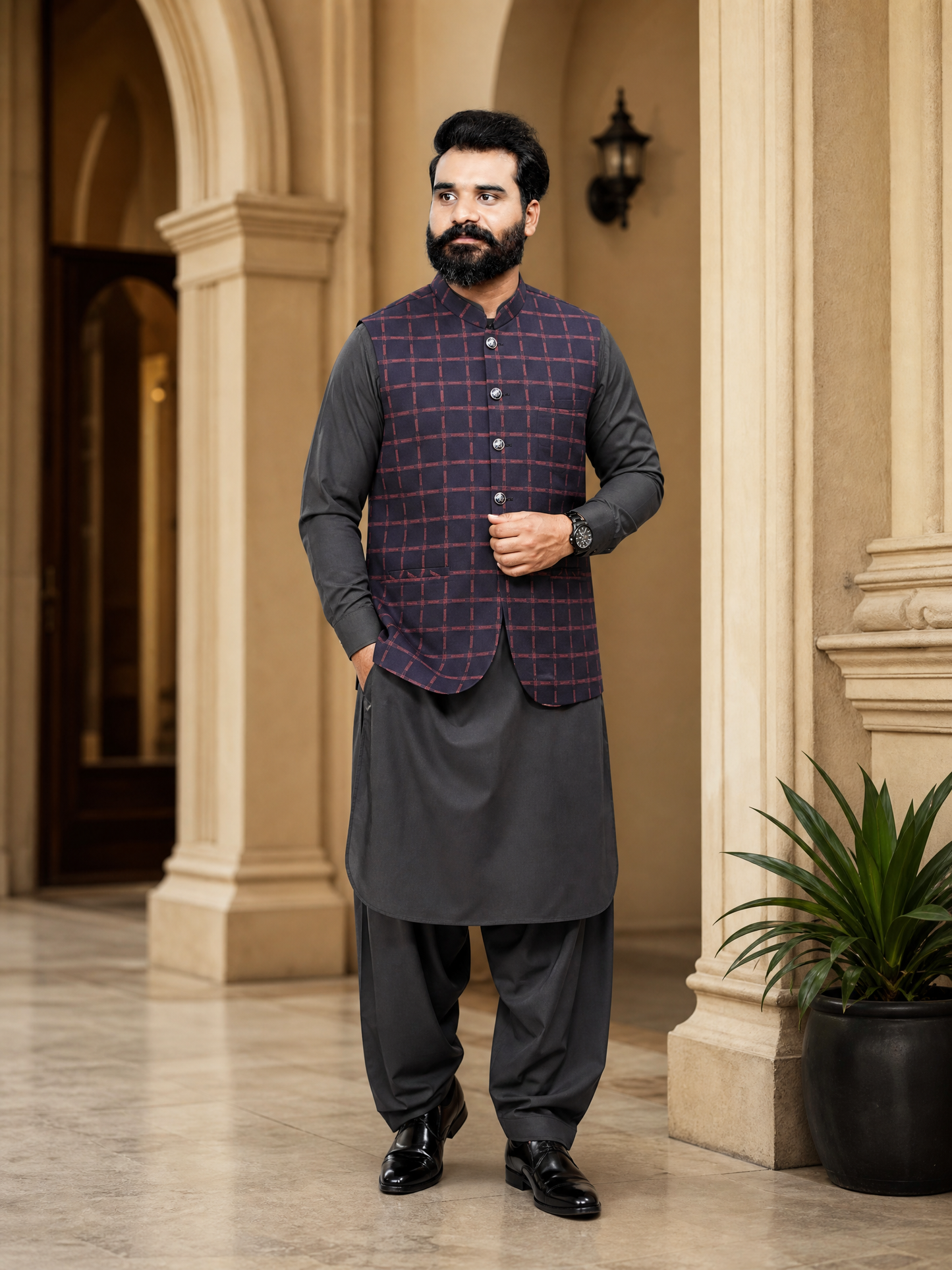 Men's Mehroon Check Nehru Waistcoat | Donior DW-14