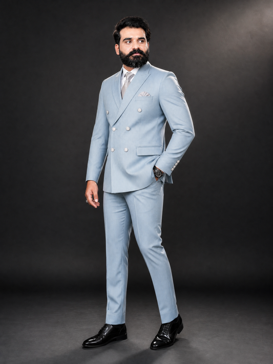 Powder Blue Pinstripe Double Breasted Coat Pant Suit for Men | 2-Piece Formal Double Press Suit – DDP-993