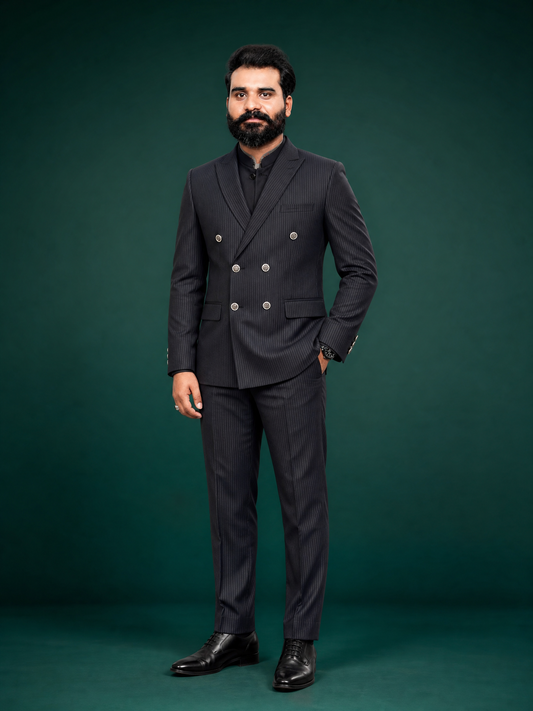 Black Pinstripe Double Breasted Coat Pant Suit for Men | 2-Piece Formal Double Press Suit – DDP-996