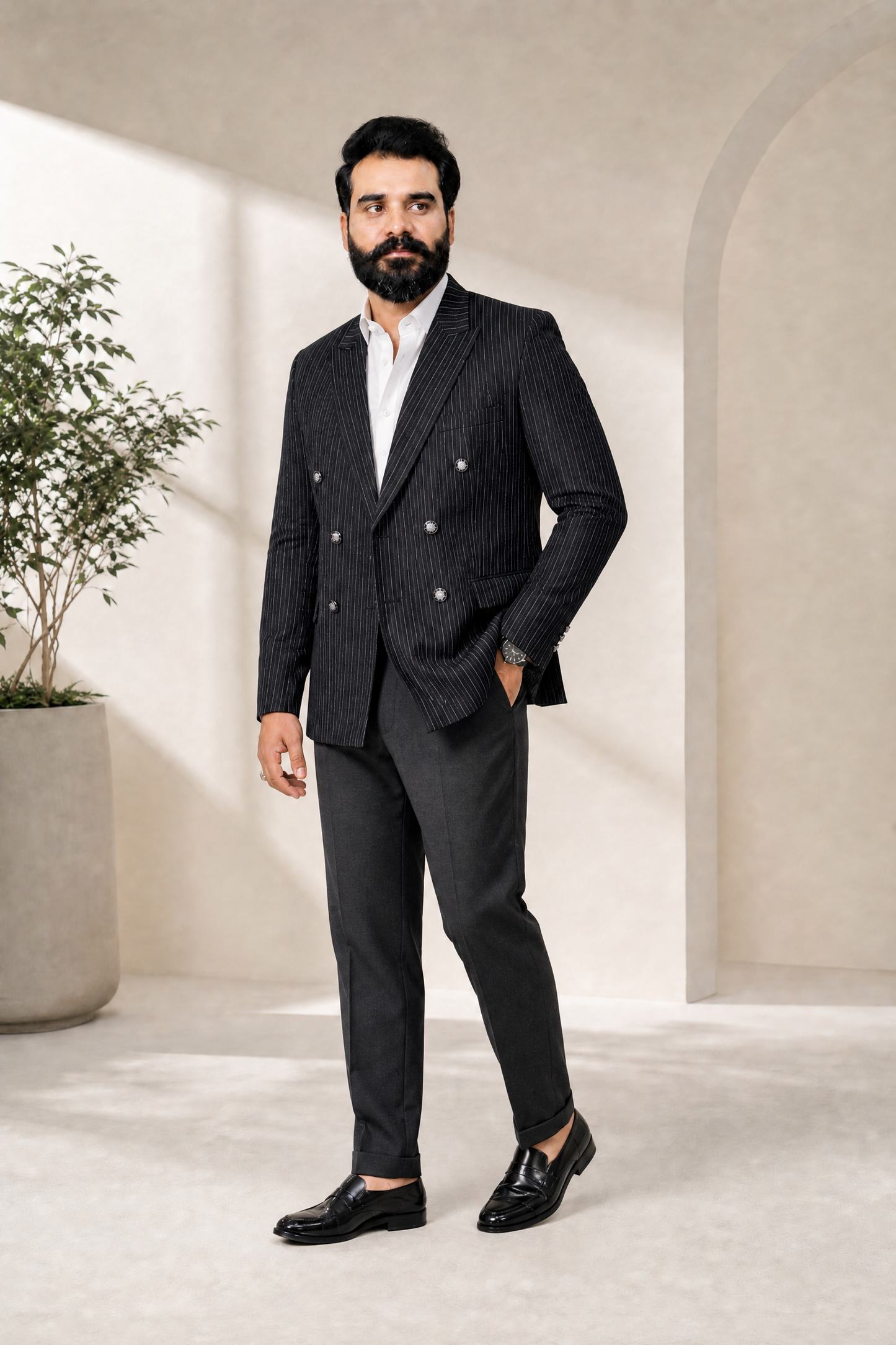 Donior Jeans Double Press Coat – Black Pinstripe Premium Suiting Blazer | DDC-100