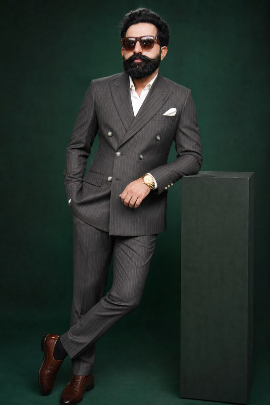 Dark Brown Pinstripe Double Breasted Coat Pant Suit for Men | 2-Piece Formal Double Press Suit – DDP-998