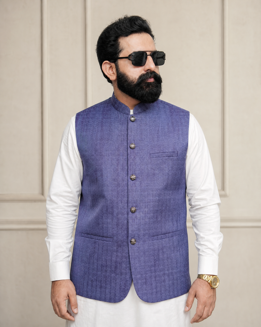 Purple Checkered Waistcoat | Premium Ethnic Formal Wear | Mandarin Collar | DW-23