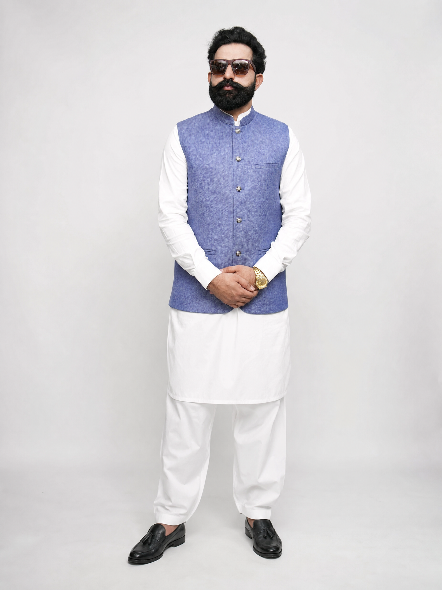 Steel Blue Textured Nehru Collar Waistcoat for Men | Premium Formal Pakistani Vest – DW-18